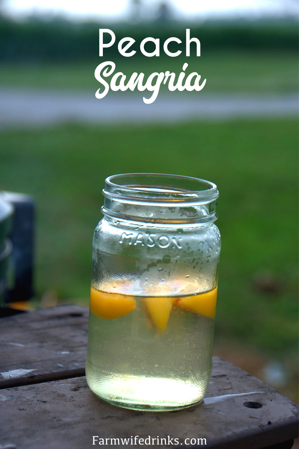 Peach Sangria is a crisp white wine sangria made with frozen peaches, peach schnapps, and vodka mixed with a bottle of white wine.