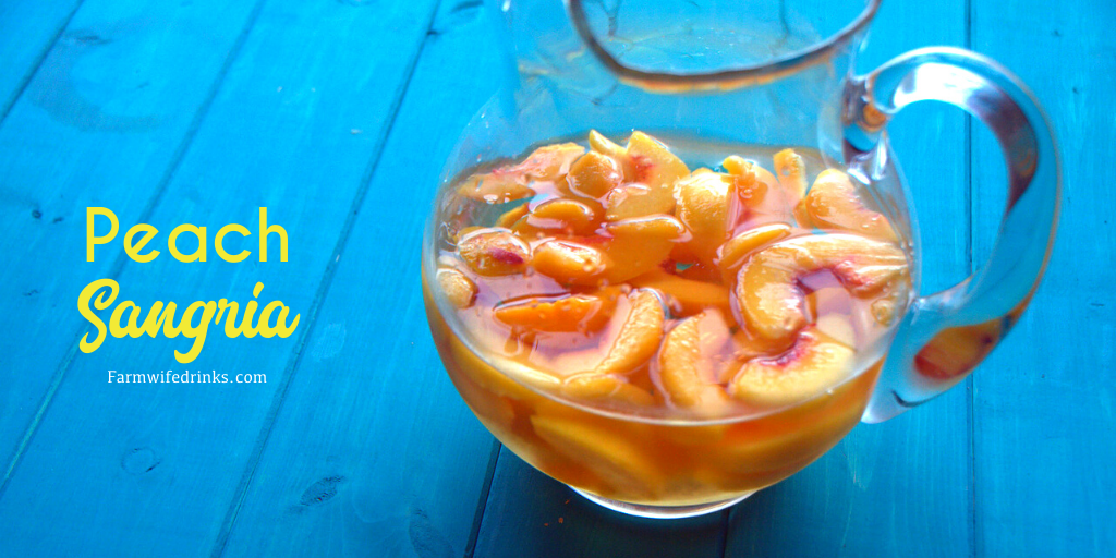 Peach Sangria is a crisp white wine sangria made with frozen peaches, peach schnapps, and vodka mixed with a bottle of white wine.