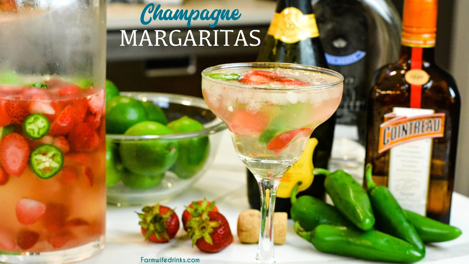 Champagne margaritas are sweet and spicy with the combination of a bottle of bubbly, sugared strawberries, Cointreau, lime juice, and jalapenos.