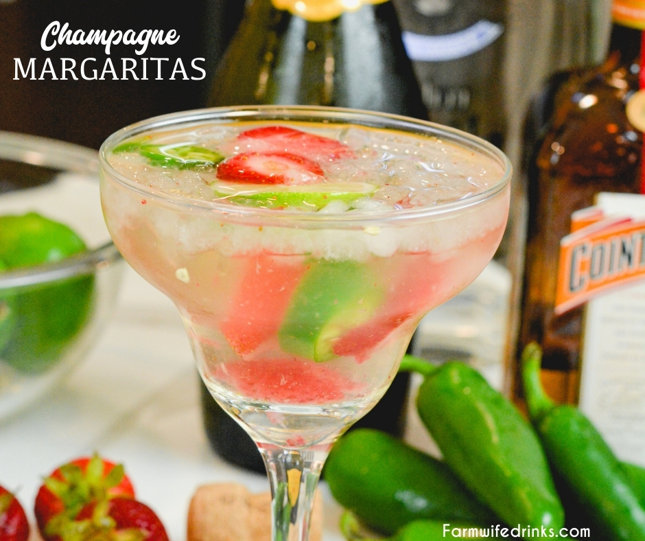 Champagne margaritas are sweet and spicy with the combination of a bottle of bubbly, sugared strawberries, Cointreau, lime juice, and jalapenos.