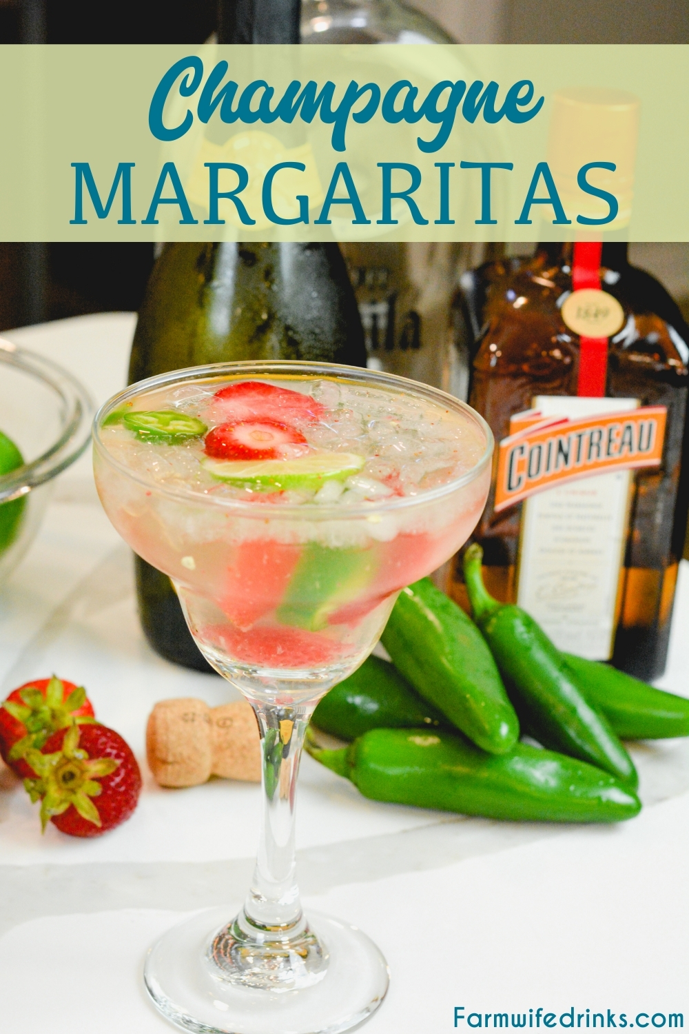 Champagne margaritas are sweet and spicy with the combination of a bottle of bubbly, sugared strawberries, Cointreau, lime juice, and jalapenos.