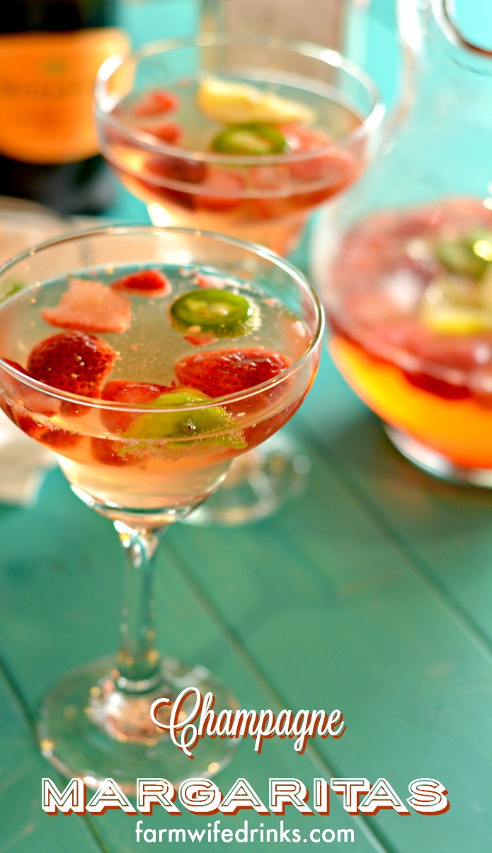 Strawberry and Jalapeno Champagne Margaritas are my go to margaritas on Friday nights or Taco Tuesdays. Simple Spicy Margarita recipe perfect for sharing. #Margaritas #Cocktails #Tequila