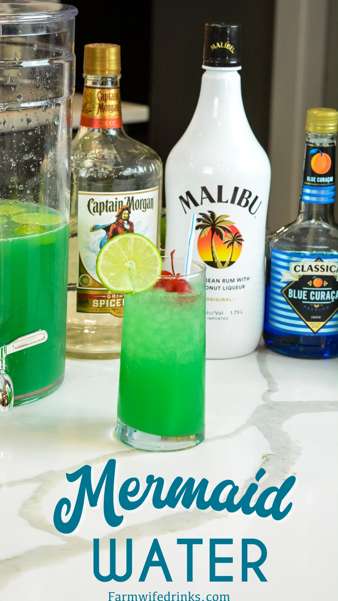 Mermaid water aka boujie fancy swamp water is the perfect spiked punch for summer sipping with the combination of limeade, pineapple juice, Captain Morgan, Malibu, and blue curacao.