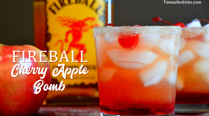 Fireball cherry apple bomb cocktail takes fall flavors up a notch with real apple cider and Fireball whisky with cherries and grenadine for the best-iced fall cocktail.