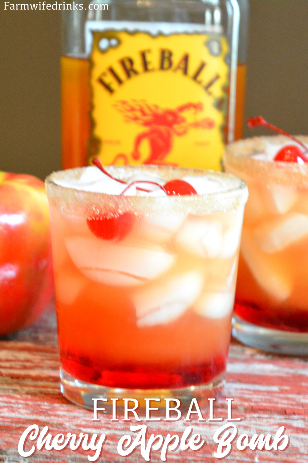 Fireball cherry apple bomb cocktail takes fall flavors up a notch with real apple cider and Fireball whisky with cherries and grenadine for the best-iced fall cocktail.