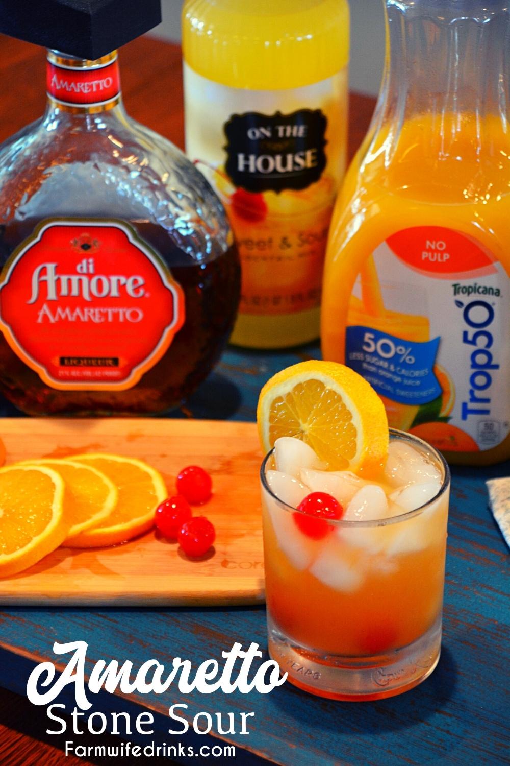 This sweet and tangy combination of Amaretto, sweet and sour and orange juice makes the perfect Amaretto Stone Sour. 
