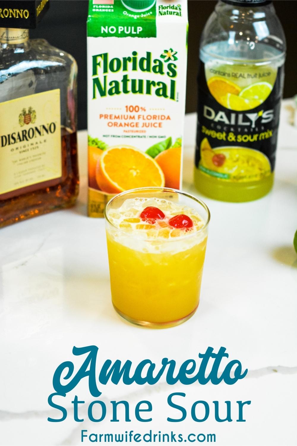 This sweet and tangy combination of Amaretto, sweet and sour and orange juice makes the perfect Amaretto Stone Sour. 