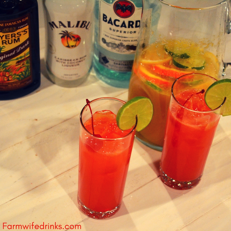 3 rum punch is the sweet combination of pineapple, lime and orange juices with dark, white, and coconut rums with just a hint of grenadine for a sweet finish. Seriously, this rum punch will be a a great drink recipe to make for a crowd.