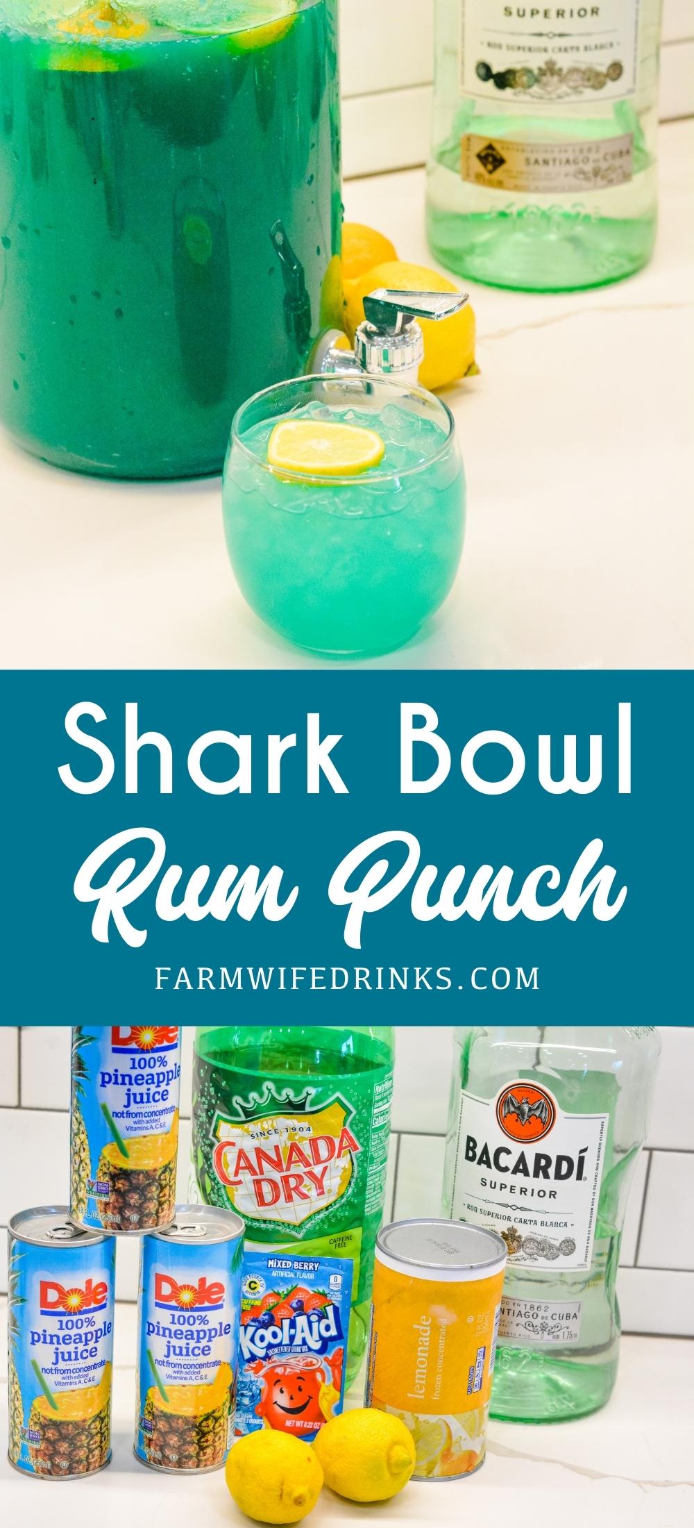 Blue Rum Punch Bowl is like the shark bowls from college made with pineapple juice, lemonade, blue raspberry kool-aid, and rum.