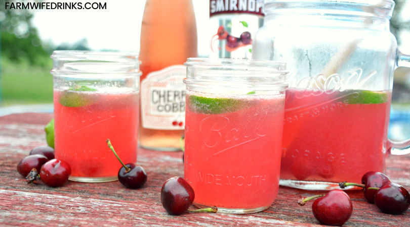 The sweet and tart combination of the new cherry cobbler wine from Oliver WInery with limeade, cherry vodka, and some maraschino cherries make this a perfect summer sangria recipe.