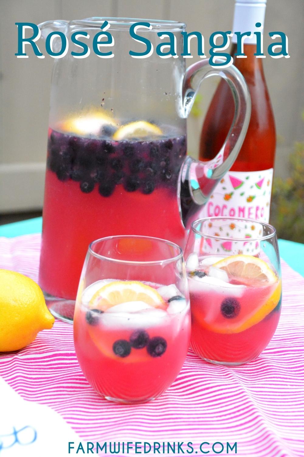Rosé lovers will lose their minds over this rose lemonade sangria. Pretty as a picture with blueberries and lemons in the pink wine spritzer.