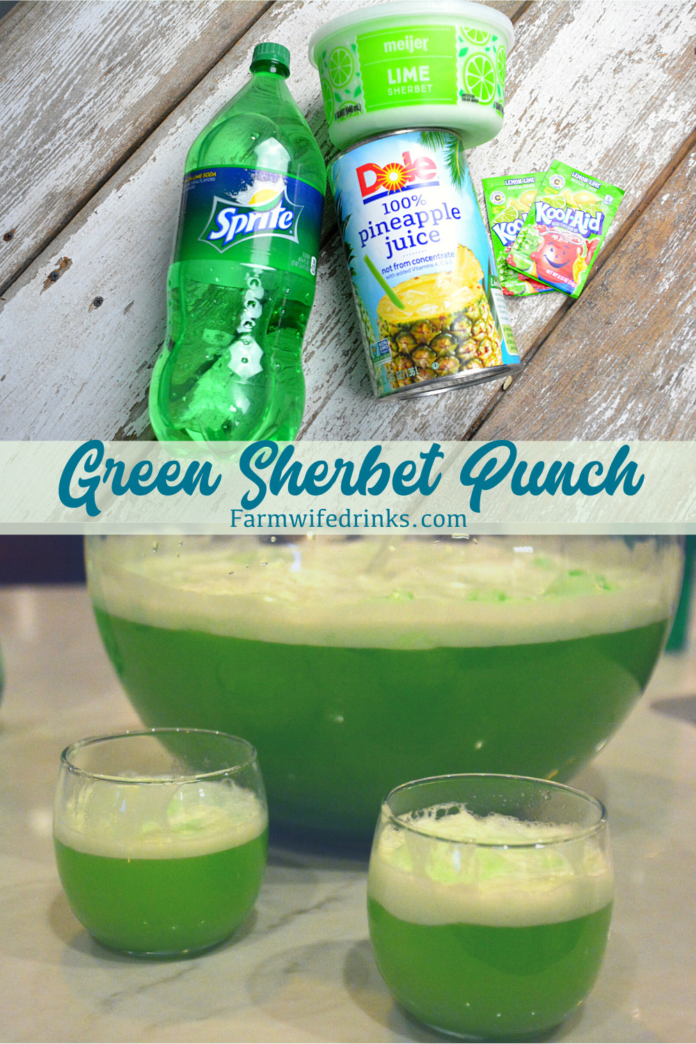 Green sherbet punch is a lime flavored green punch combining lemon-lime Kool-Aid, pineapple juice and sprite with lime sherbet for a fun and flavorful drink.