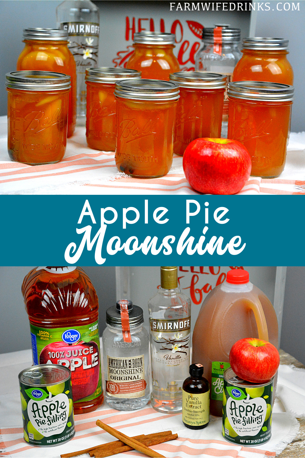 Apple pie moonshine combines apple cider and juice with apple pie filling with cinnamon sticks and vanilla with moonshine and vanilla vodka to create your new favorite fall liquor to drink.