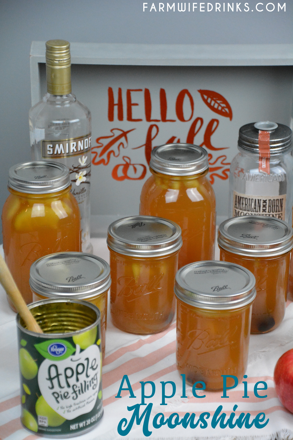 Apple pie moonshine combines apple cider and juice with apple pie filling with cinnamon sticks and vanilla with moonshine and vanilla vodka to create your new favorite fall liquor to drink.