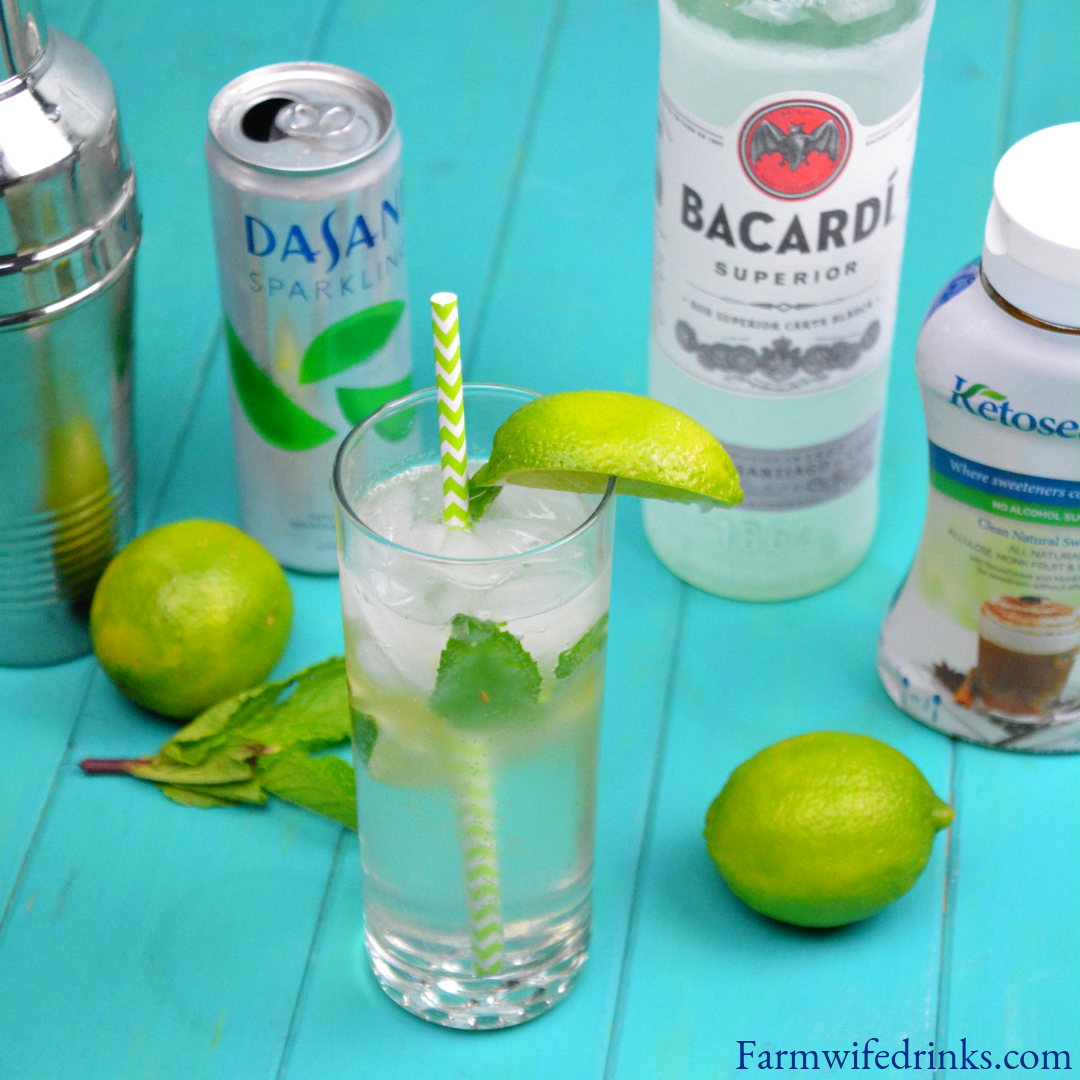 Low-Carb Mojito cocktail recipe is just like the traditional rum, mint and sugar combination, but with sugar-free syrup. #Cocktails #LowCarb #Mojito #Mojitos #Rum