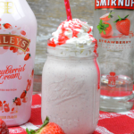 Baileys Strawberries and cream milkshake recipe combines vanilla ice cream, strawberry vodka, frozen strawberries and Baileys strawberries and cream for a boozy strawberry milkshake. #Milkshake #Boozymilkshake #Spiked #SpikedMilkshake #Baileys #Strawberries #cocktails
