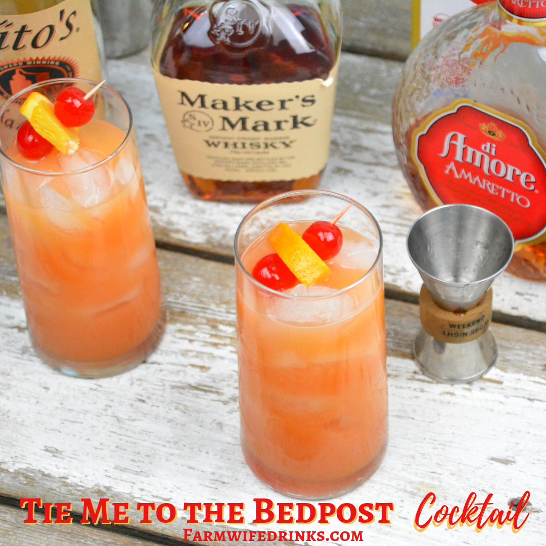 Tie me to the bedpost cocktail combines whiskey, vodka, and amaretto and then is topped off with orange juice and grenadine. #Whiskey #Amaretto #Vodka #Cocktail