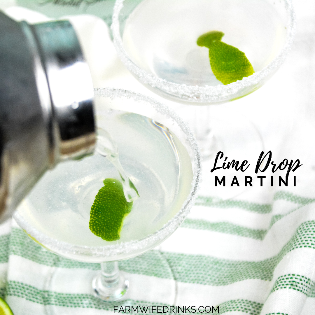 Lime Drop Martini is an easy to make cocktail with the help of some lime simple syrup, lime juice, triple sec and lime vodka. Shaken and poured into a sugar-rimmed glass with a lime twist makes this a refreshing cocktail all year long. #Cocktails #Martini #LimeDrop #Vodka #Drinks