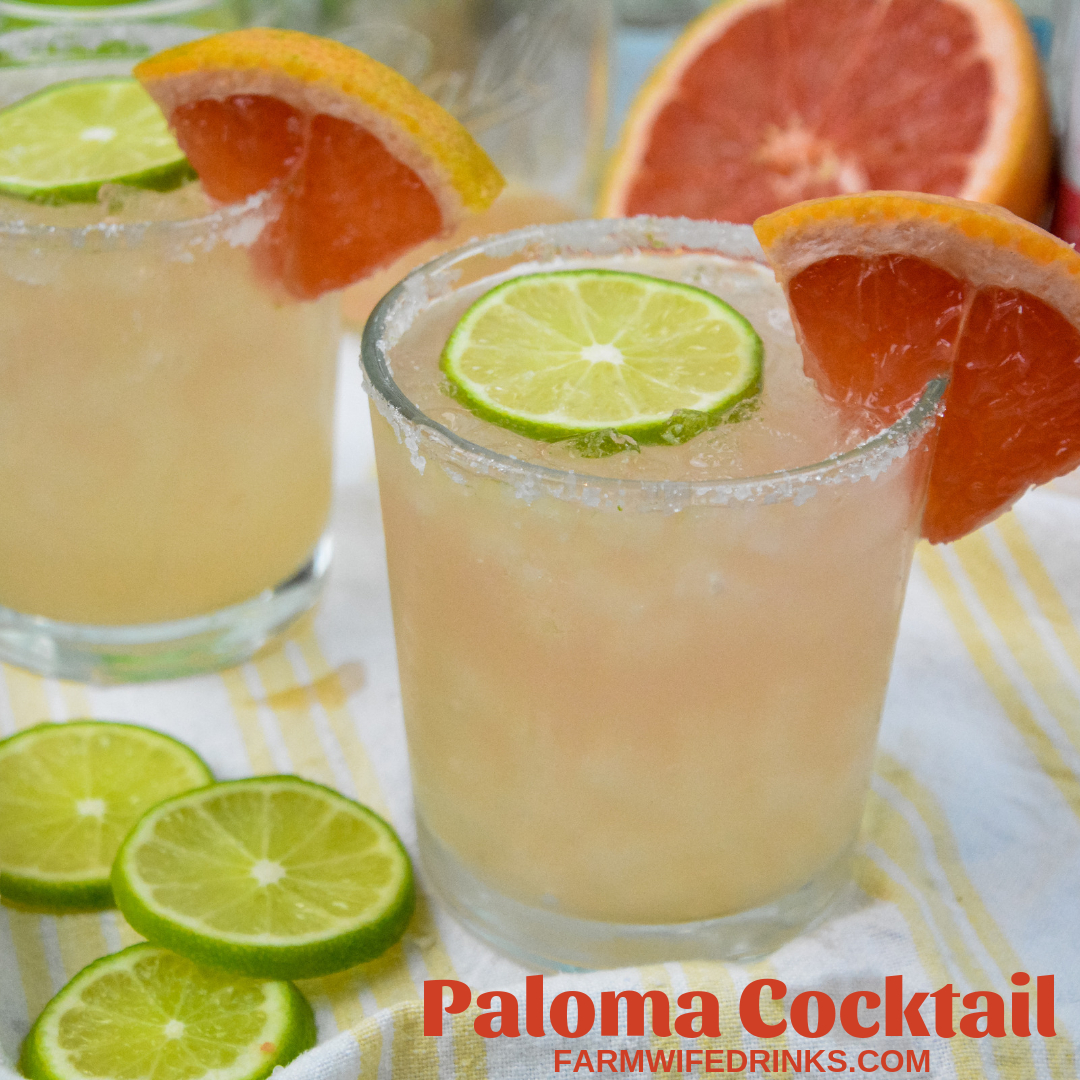 The Paloma cocktail is a refreshing blend of fresh grapefruit and lime juices combined with tequila, simple syrup, and sparkling water in a salt and sugar rimmed glass. #Paloma #Tequila #Grapefruit #Cocktail #Cocktails #Margaritas