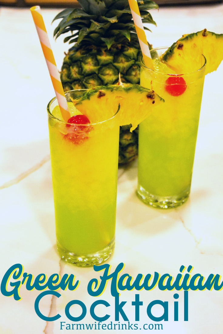 Green Hawaiian Cocktail combines all the tropical flavors of pineapple, melon, coconut, and citrus with Midori, Malibu Rum, pineapple juice, and lemon-lime soda for the best beach or pool cocktail.