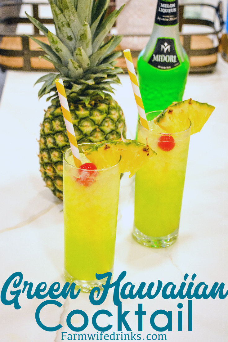 Green Hawaiian Cocktail combines all the tropical flavors of pineapple, melon, coconut, and citrus with Midori, Malibu Rum, pineapple juice, and lemon-lime soda for the best beach or pool cocktail.