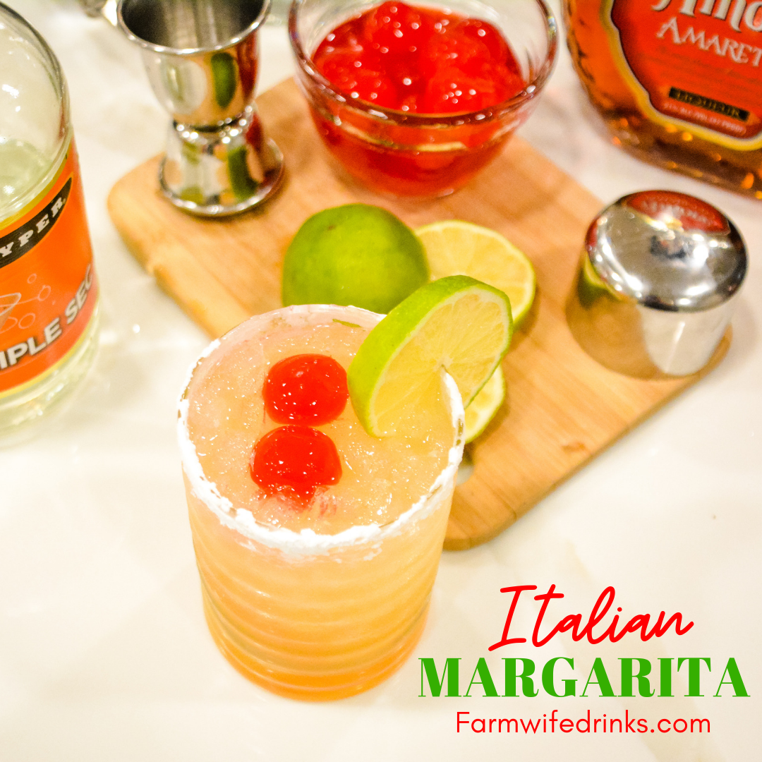 This Italian Margarita is a simple cocktail recipe made with tequila, amaretto, triple sec, and sour mix, poured into a powdered sugar-rimmed glass.