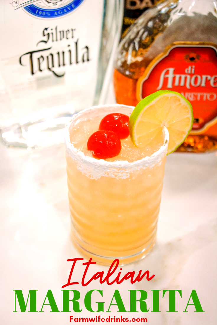This Italian Margarita is a simple cocktail recipe made with tequila, amaretto, triple sec, and sour mix, poured into a powdered sugar-rimmed glass.