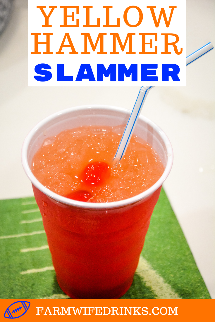 Yellow Hammer Slammer drink is strong cocktail perfect for tailgate parties and can be made by the pitcher or one at a time by stirring together vodka, rum, amaretto, pineapple juice, and OJ.