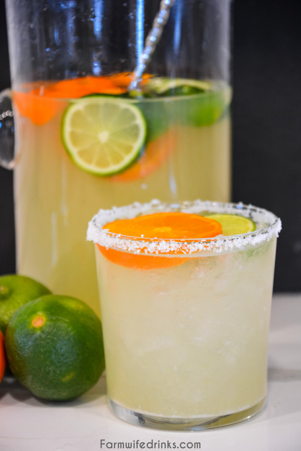 Limeade margaritas are the sweet blend of three easy ingredients to make easy margaritas by the pitcher by mixing together a can of frozen limeade, triple sec, and tequila.