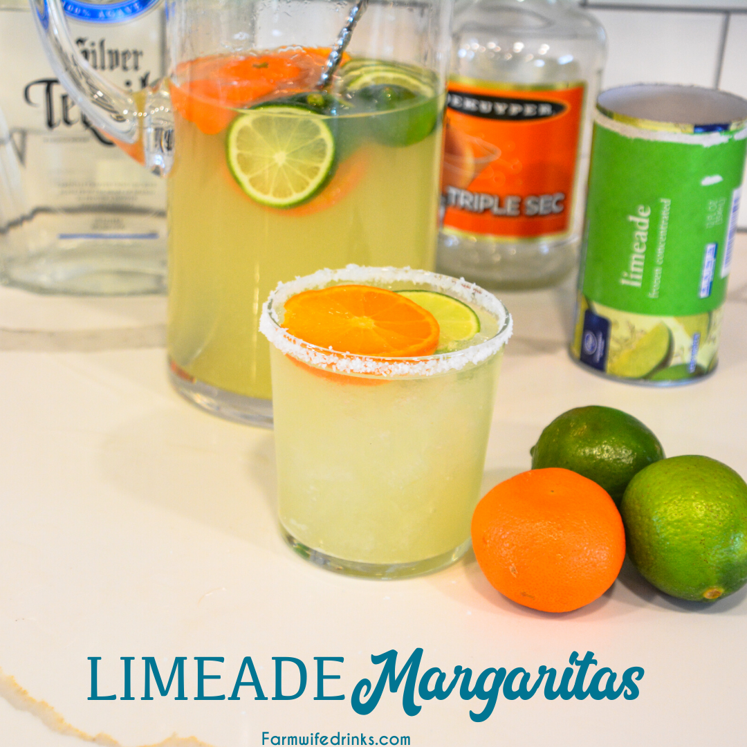 Limeade margaritas are the sweet blend of three easy ingredients to make easy margaritas by the pitcher by mixing together a can of frozen limeade, triple sec, and tequila.