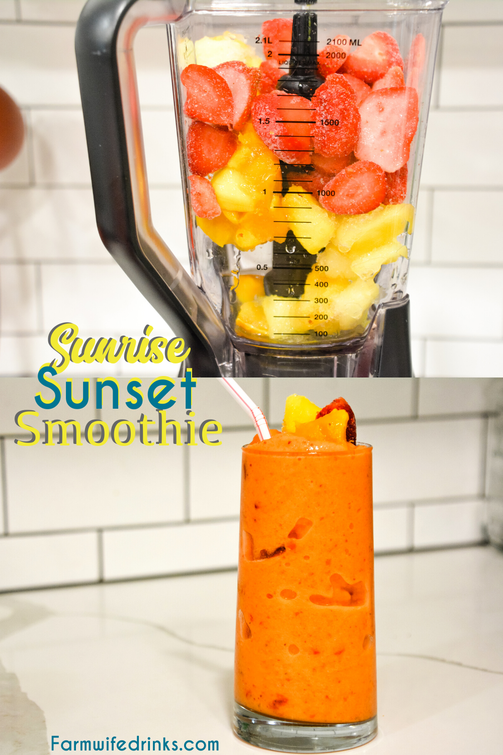 Sunrise Sunset Smoothie is a mango, pineapple, strawberry, orange juice smoothie that is the copycat version of the Tropical Smoothie sunrise sunset smoothie.