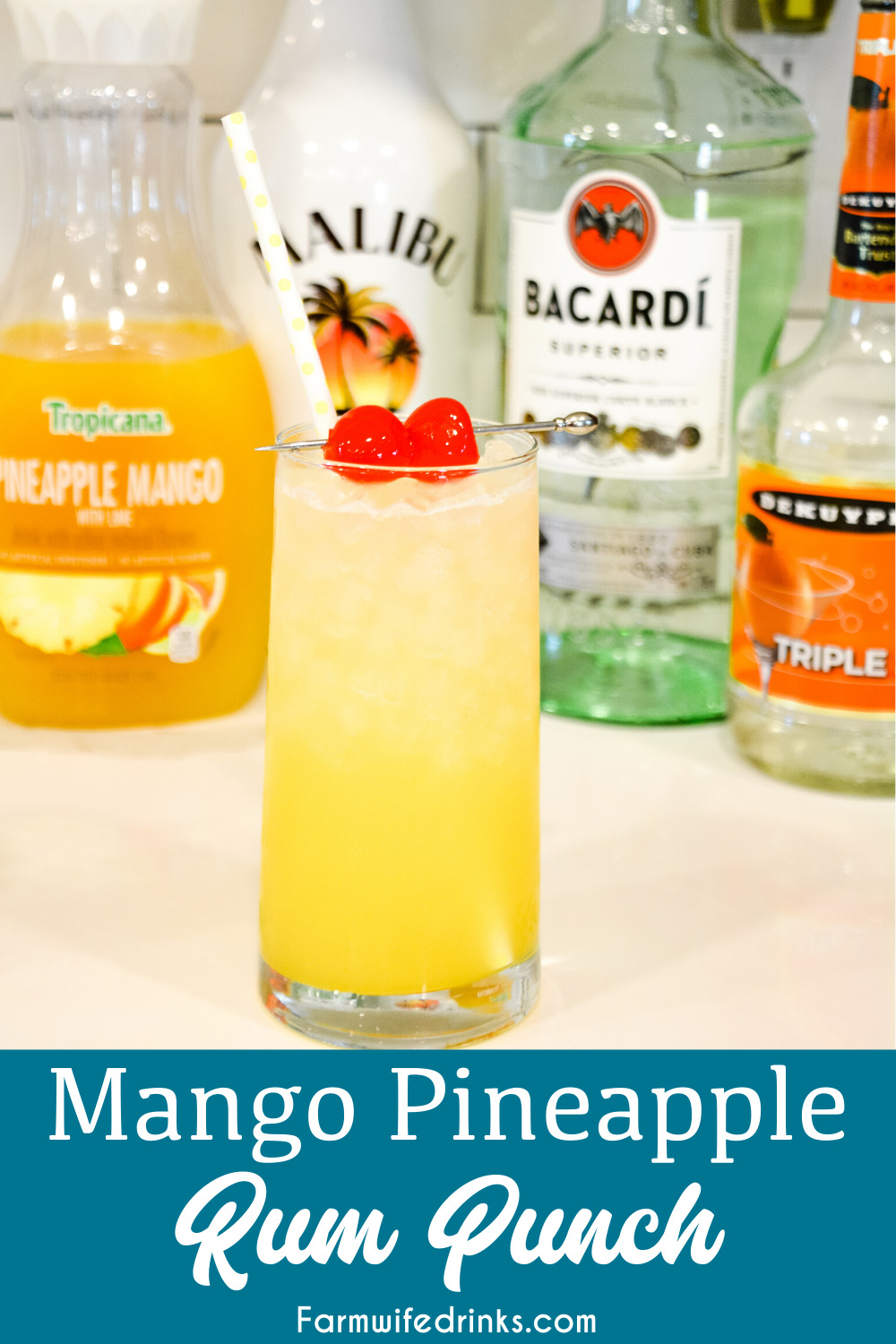 Mango Pineapple Rum Punch combines mango-pineapple juice with triple sec, Malibu rum, and white rum for a smooth Hawaiian rum cocktail that can be topped off with pineapple sparkling water.