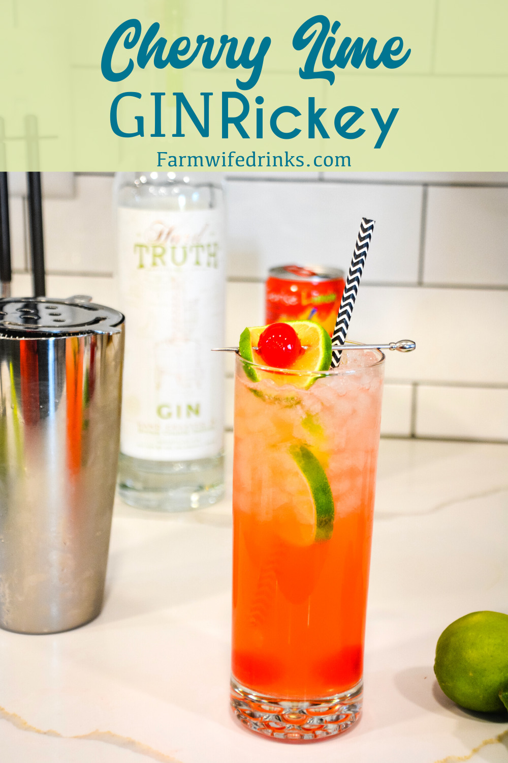 Cherry lime gin rickey cocktail is a sweeter version of the traditional gin rickey combining soda water, gin, lime juice with cherries and cherry juice.