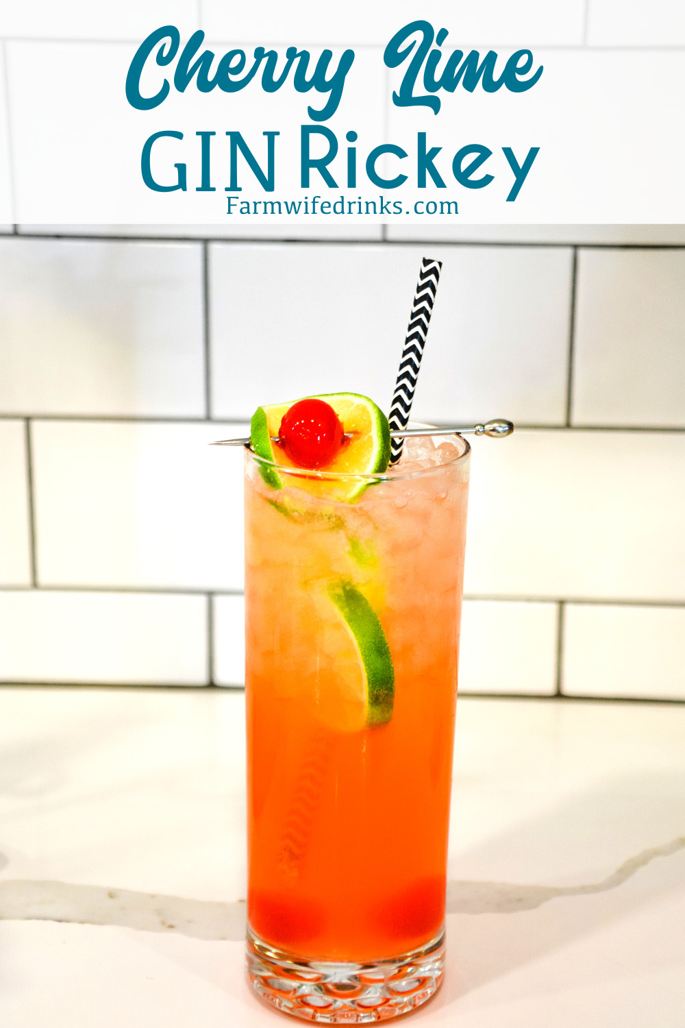 Cherry lime gin rickey cocktail is a sweeter version of the traditional gin rickey combining soda water, gin, lime juice with cherries and cherry juice.
