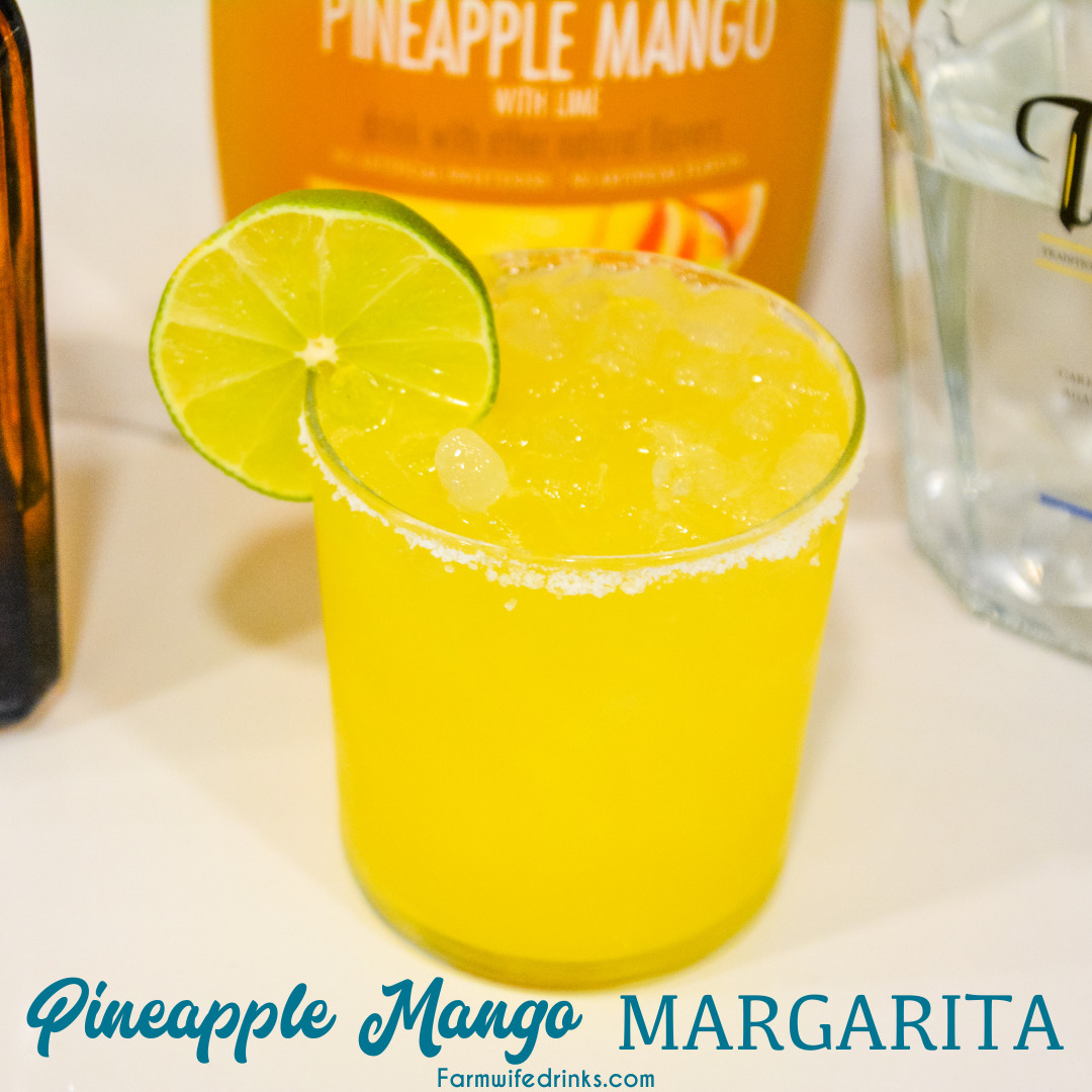 Pineapple mango margaritas are a simple three-ingredient margarita that is better than any mango margarita made with sweet and sour with the simple ingredients of pineapple mango juice, tequila, and Cointreau.