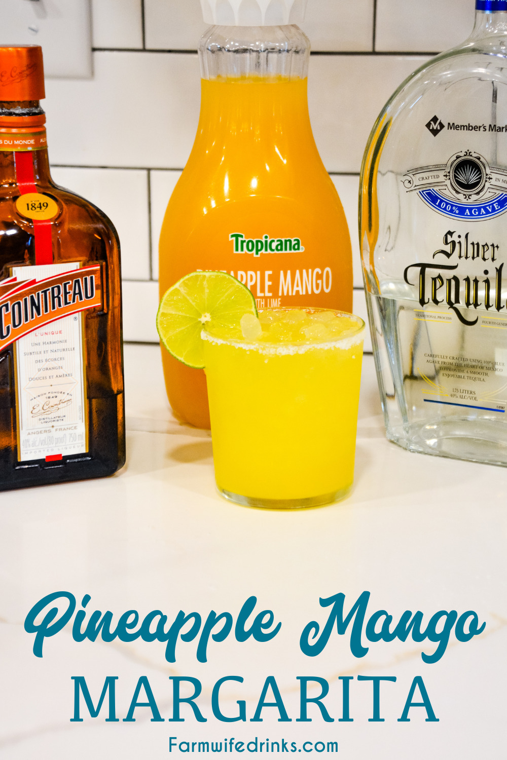 Pineapple mango margaritas are a simple three-ingredient margarita that is better than any mango margarita made with sweet and sour with the simple ingredients of pineapple mango juice, tequila, and Cointreau.