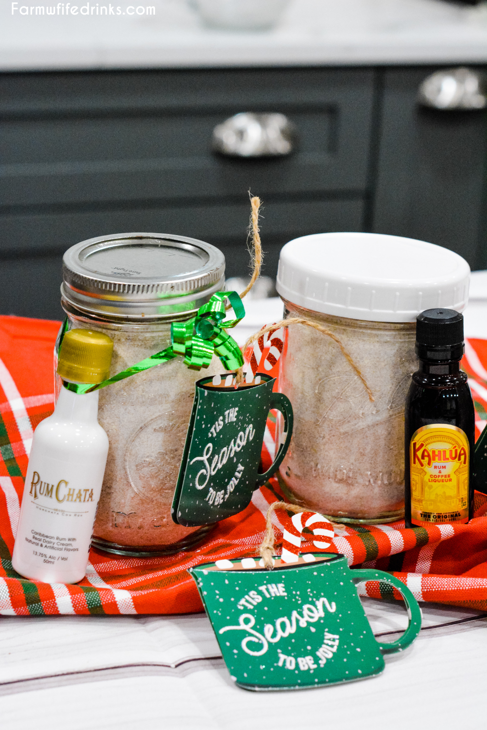 French vanilla hot chocolate mix and a bottle of Rumchata is an easy to make mason jar drink mix gift made with dried milk, Nesquik, french vanilla creamer, pudding, and powdered sugar.