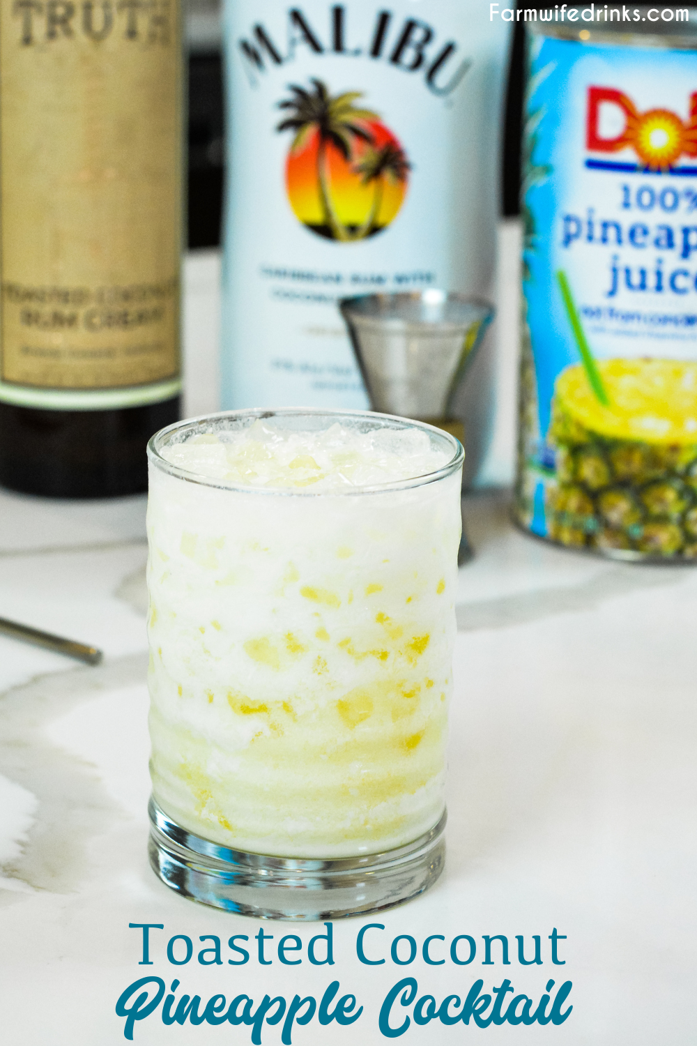 Toasted coconut pineapple cream cocktail is a smooth tropical drink combining Malibu rum and toasted coconut rum creme with pineapple juice. 