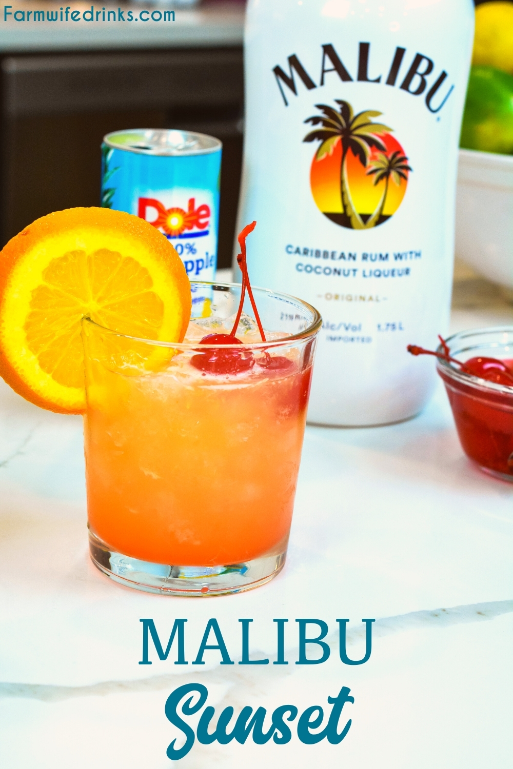 Malibu Sunset Cocktail is a fruity Hawaiian-inspired cocktail that combines pineapple juice, coconut rum such as Malibu Rum, and maraschino cherries and their juice for a beautiful and fruity rum cocktail.
