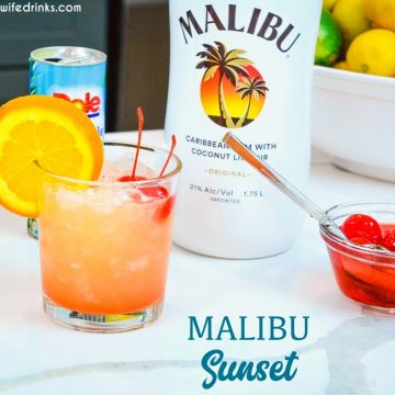 Malibu Sunset Cocktail is a fruity Hawaiian-inspired cocktail that combines pineapple juice, coconut rum such as Malibu Rum, and maraschino cherries and their juice for a beautiful and fruity rum cocktail.