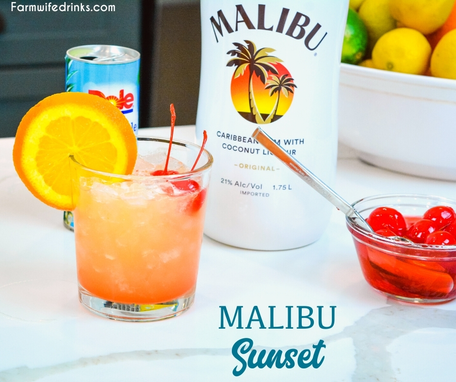 Malibu Sunset Cocktail is a fruity Hawaiian-inspired cocktail that combines pineapple juice, coconut rum such as Malibu Rum, and maraschino cherries and their juice for a beautiful and fruity rum cocktail.