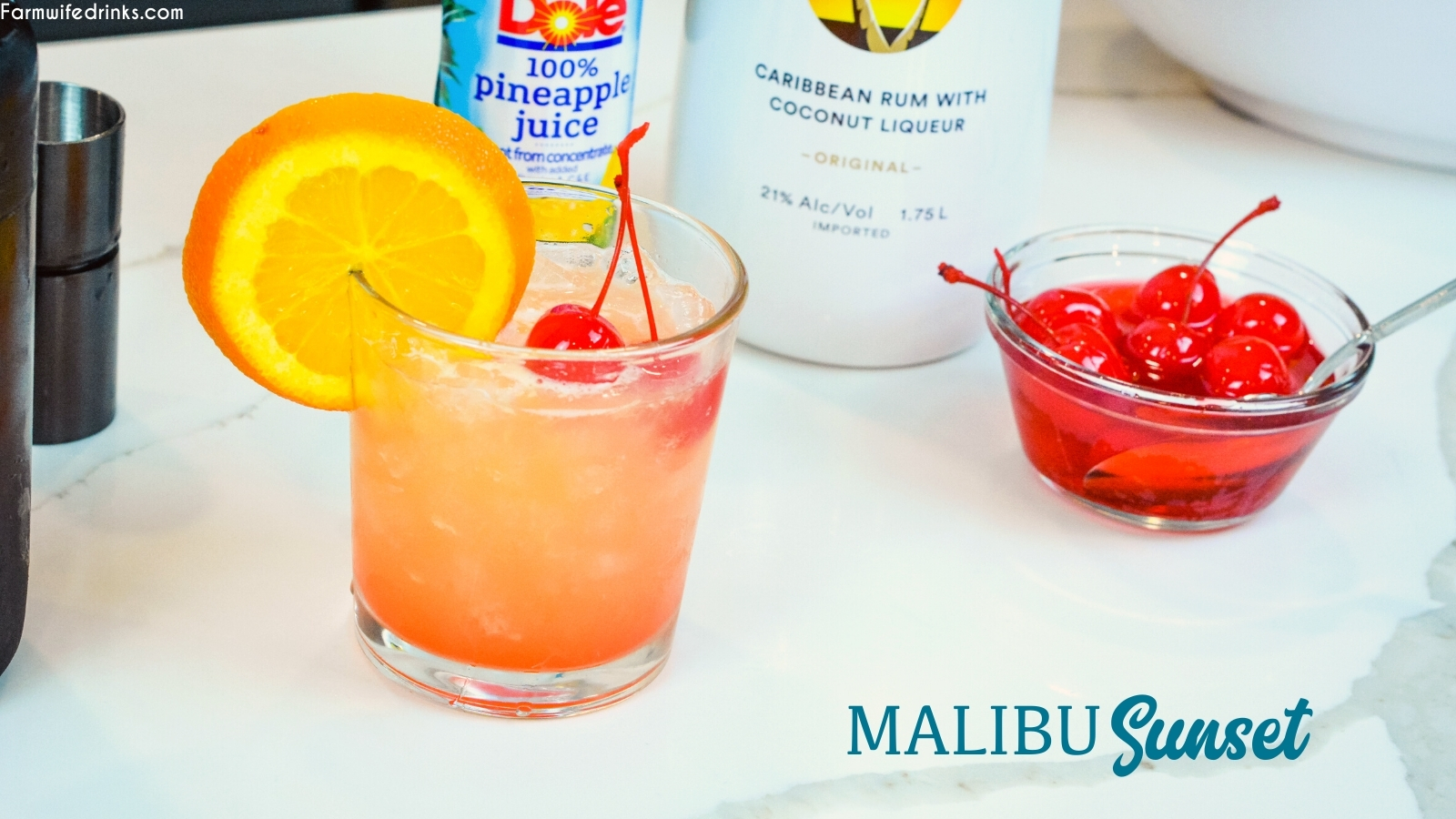 Malibu Sunset Cocktail is a fruity Hawaiian-inspired cocktail that combines pineapple juice, coconut rum such as Malibu Rum, and maraschino cherries and their juice for a beautiful and fruity rum cocktail.