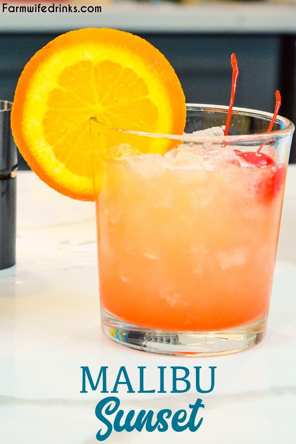 Malibu Sunset Cocktail is a fruity Hawaiian-inspired cocktail that combines pineapple juice, coconut rum such as Malibu Rum, and maraschino cherries and their juice for a beautiful and fruity rum cocktail.