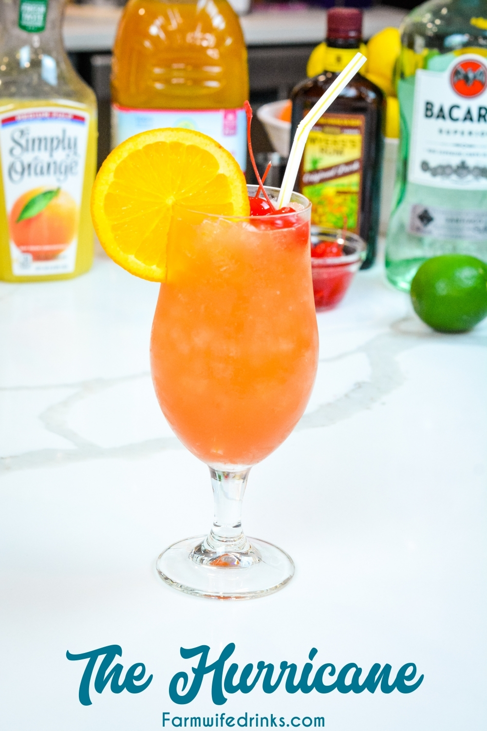 The New Orleans Hurrican Drink can be made at home with light and dark rum, passion fruit juice, orange juice, and grenadine. Top it off with a simple orange slice and maraschino cherries.