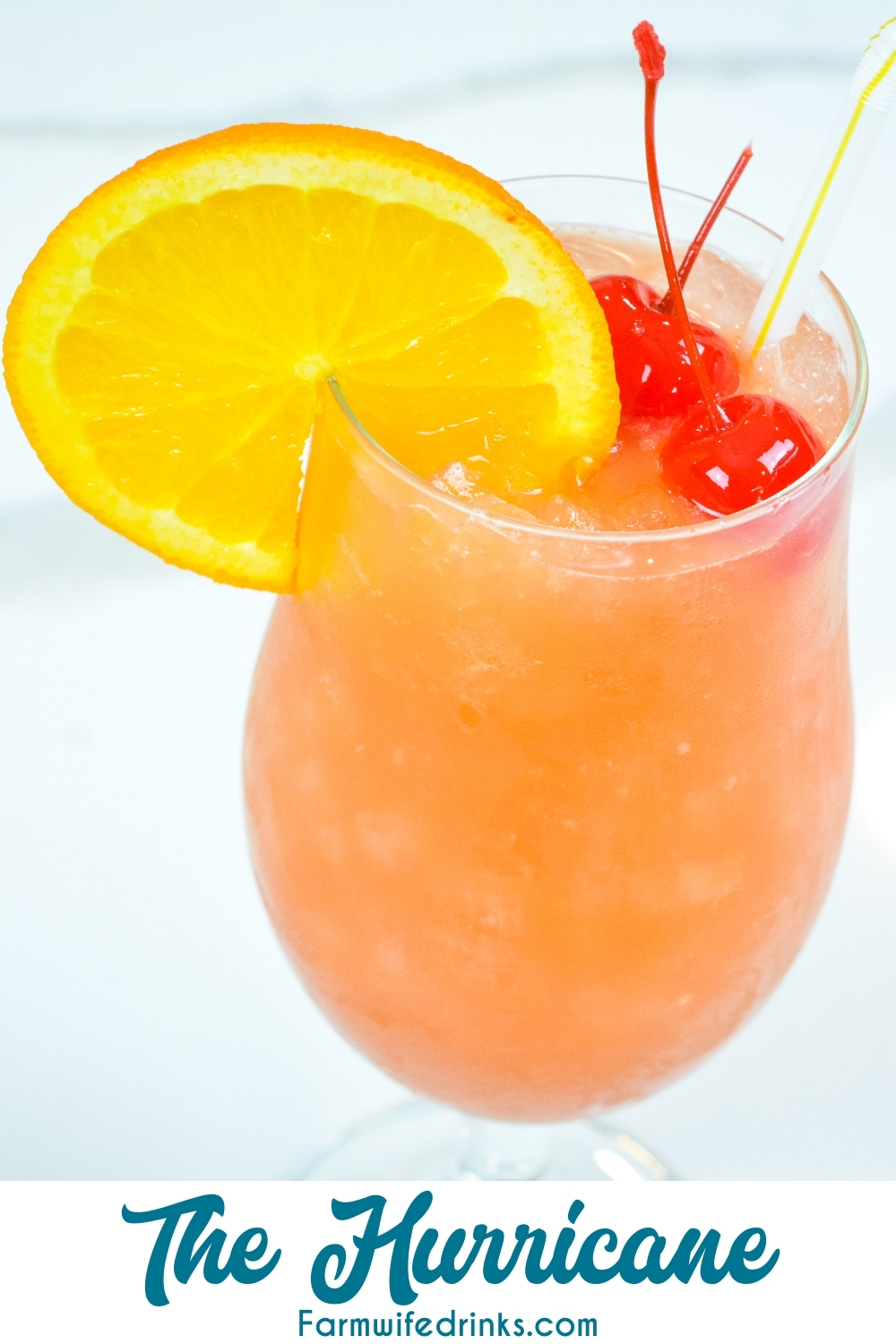 The New Orleans Hurricane Drink can be made at home with light and dark rum, passion fruit juice, orange juice, and grenadine. Top it off with a simple orange slice and maraschino cherries.