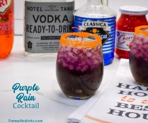 The purple rain drink can also be called the drunk witch cocktail for your Halloween party but regardless of the time of year, this purple cocktail is made with vodka, curaçao, grenadine, pineapple juice, and cranberry ginger ale. 