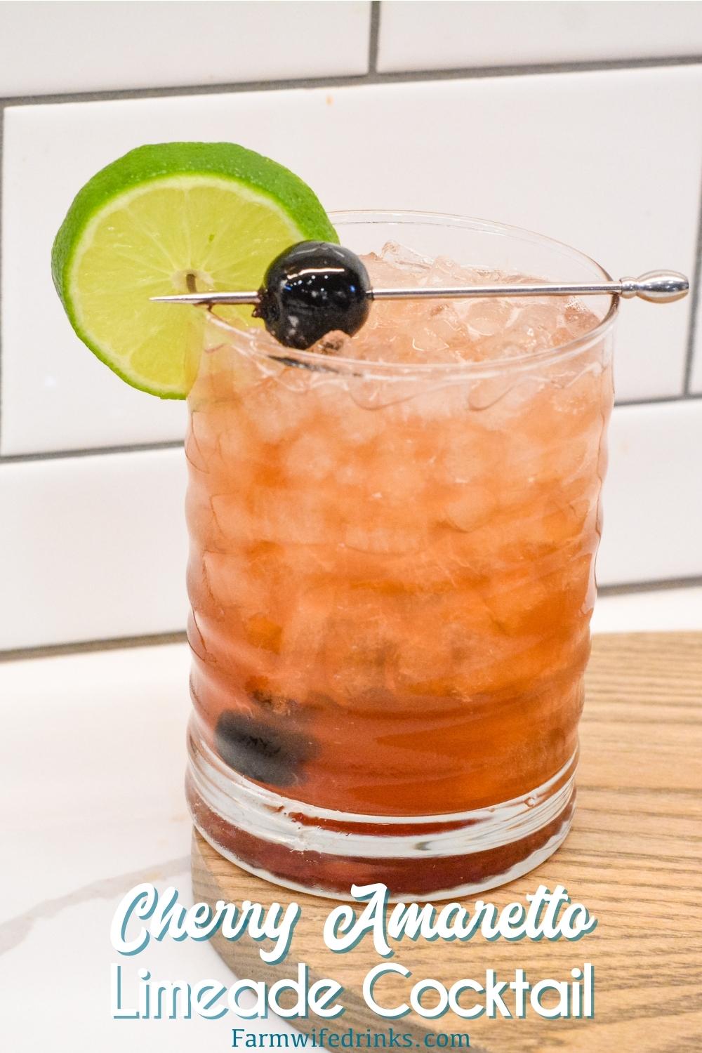 This fruity cocktail is a cherry amaretto limeade cocktail made easily with the combination of amaretto, limeade, and maraschino cherries.