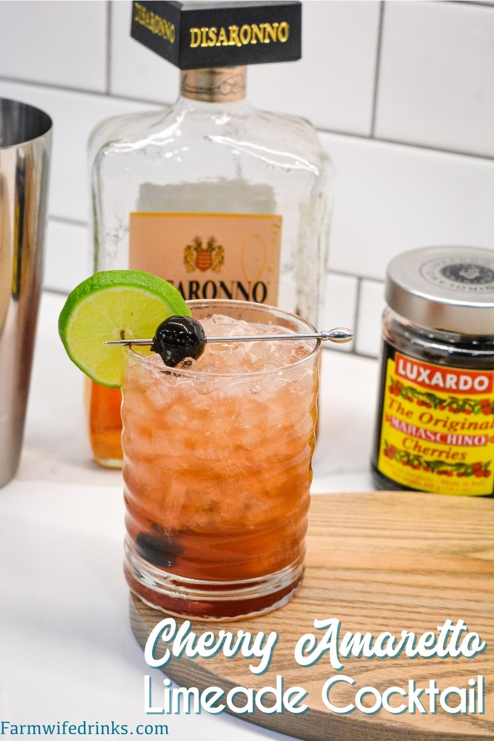 This fruity cocktail is a cherry amaretto limeade cocktail made easily with the combination of amaretto, limeade, and maraschino cherries.