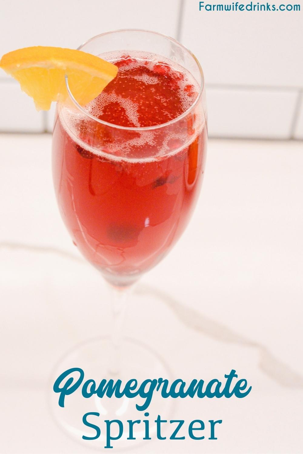 The pomegranate spritzer combines your favorite champagne, prosecco, cava, or sparkling wine with fresh-squeezed orange juice, pomegranate juice, and the bubbly. Garnish the fancy champagne cocktail with pomegranate arils and an orange slice. 