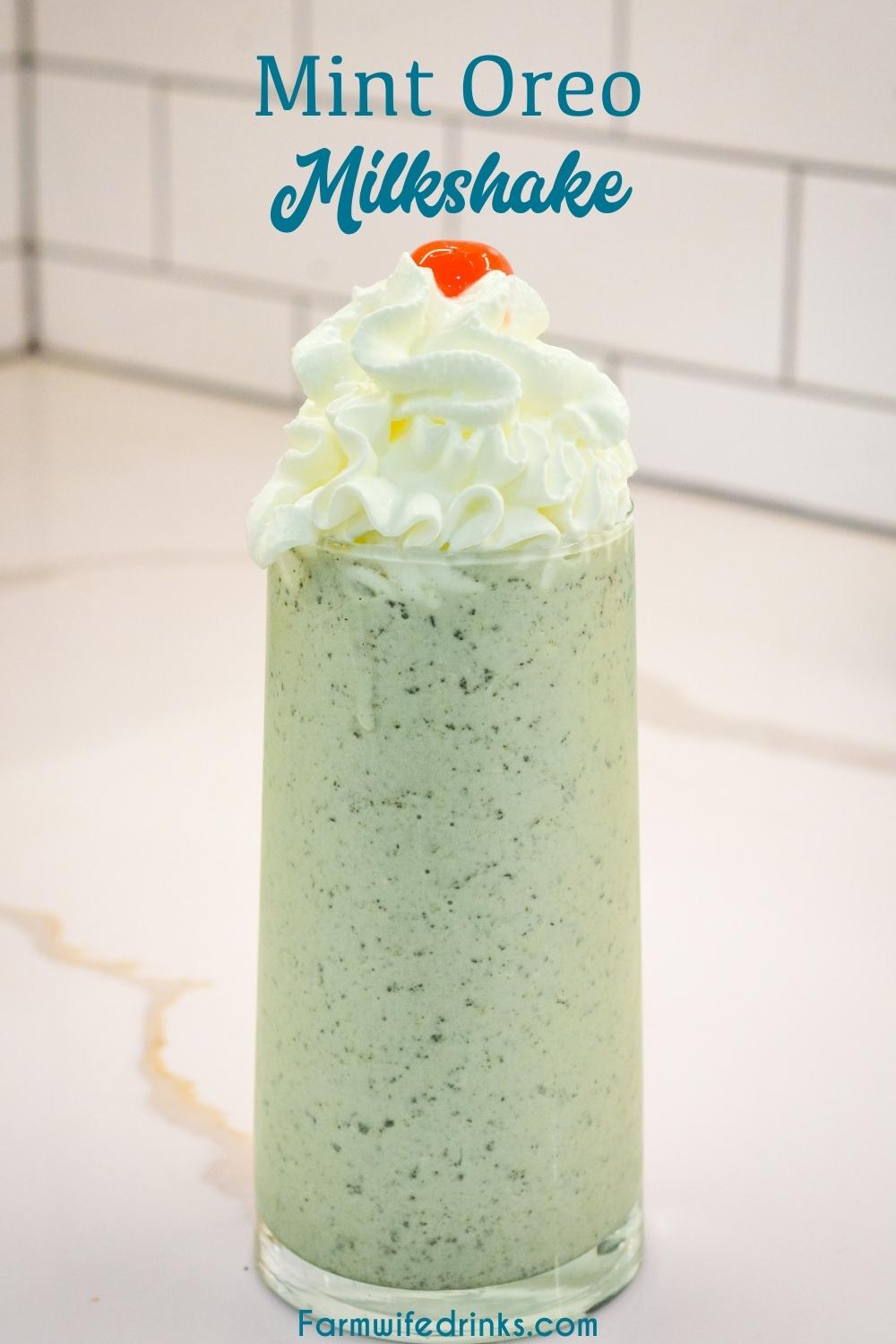 Mint Oreo Milkshakes combine creme de menthe syrup, ice cream, milk, and oreo cookies to make the smooth and creamy mint chocolate milkshake.